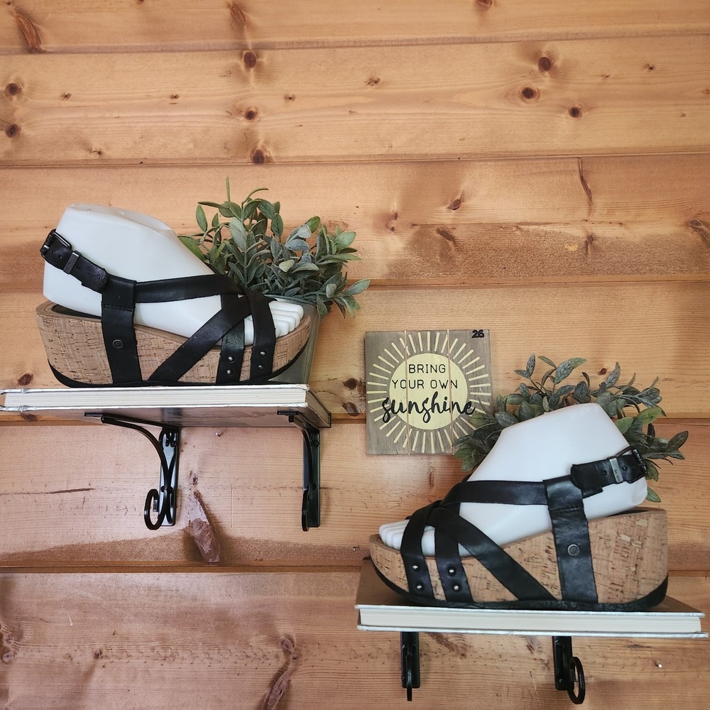 Bussola Doeskin Black Leather Formentera Woven Cross Strap Wedge Sandals 37/6.5